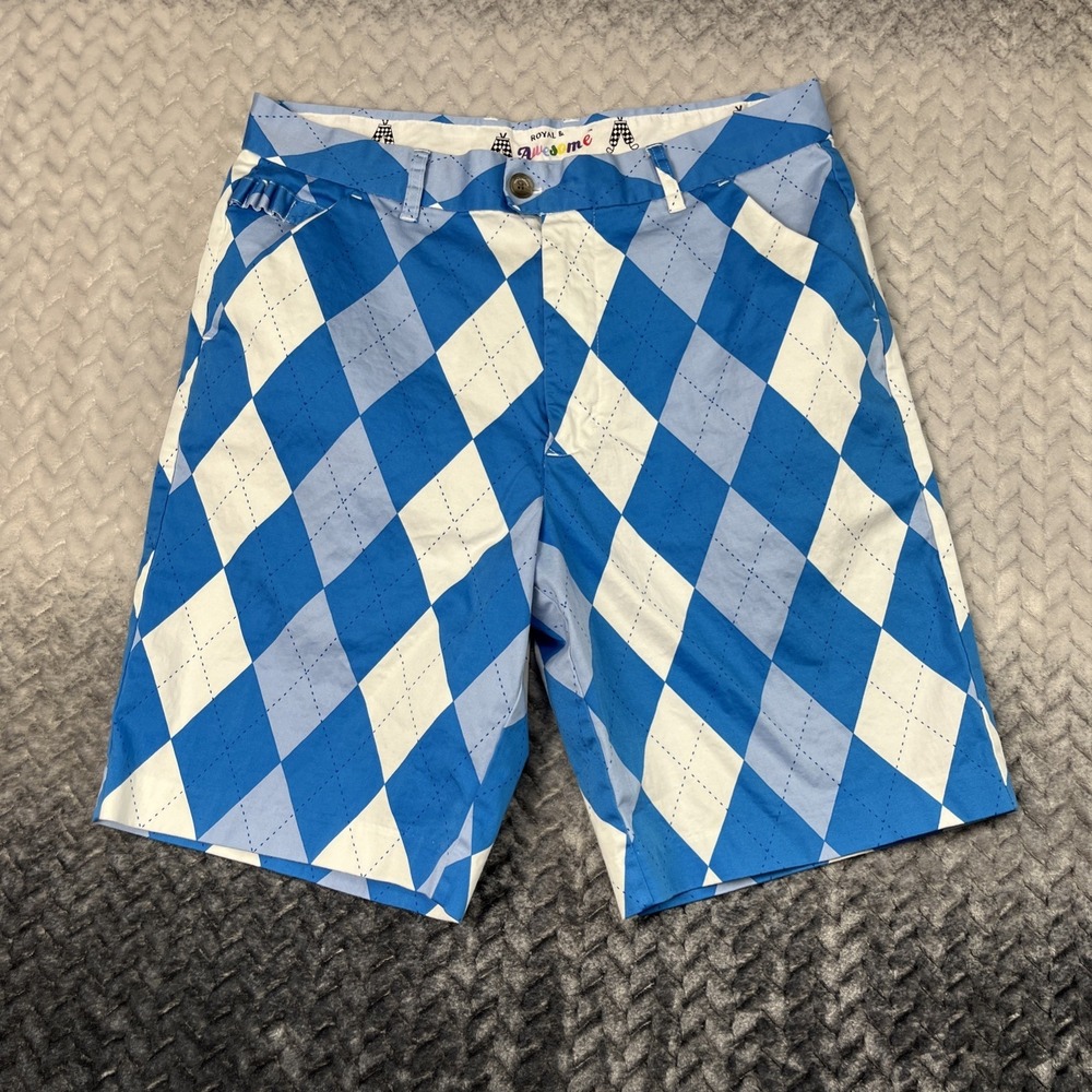 Royal & Awesome Golf‎ Shorts Mens Size 34 Blue Argyle Cotton Stretch Outdoor
